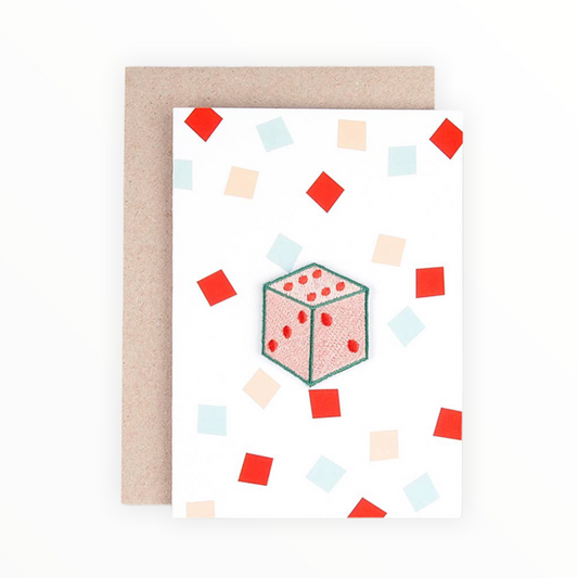 Iron-On Dice Patch Card by wowgoods, any occasion, blank interior, kraft envelope, 4 x 6 inch, made in the Netherlands