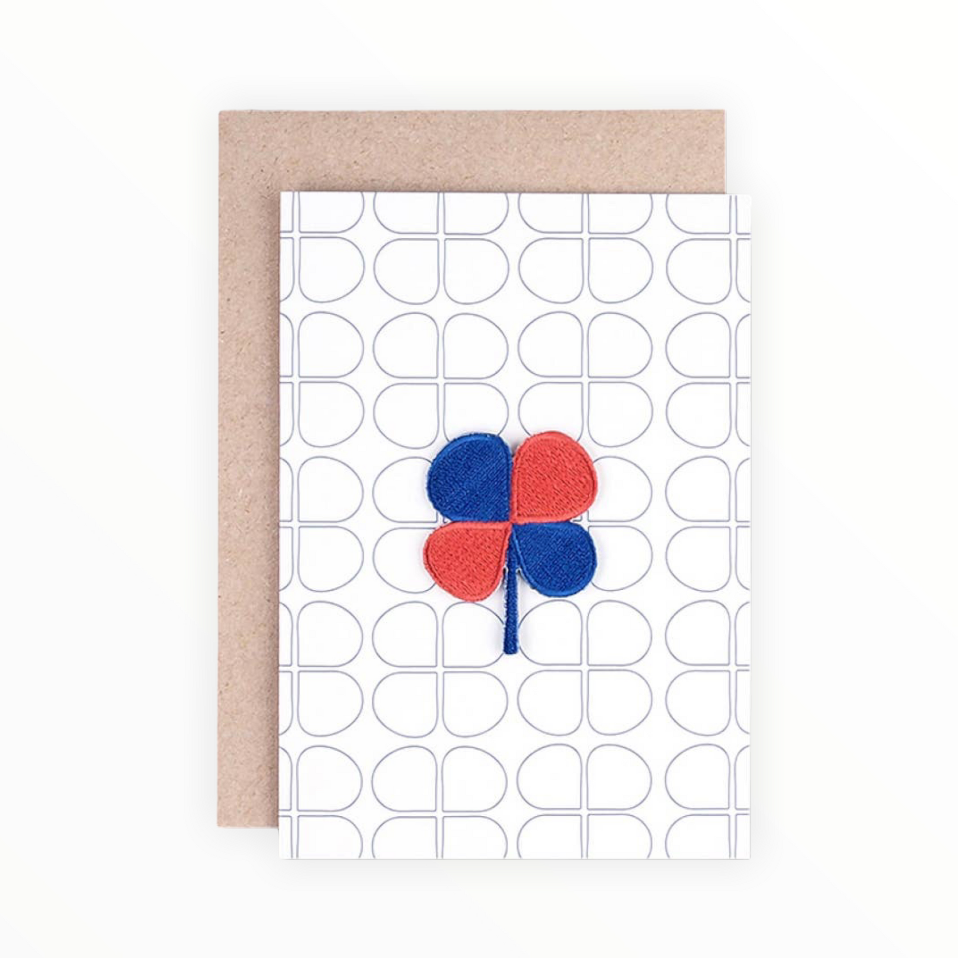 Iron-On Lucky Clover Patch Card by wowgoods, any occasion, blank interior, kraft envelope, 4 x 6 inch, made in the Netherlands
