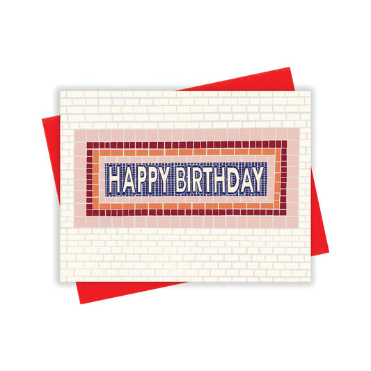 Happy Birthday Subway Tile Card by xou, blank interior, red envelope, made in New York City
