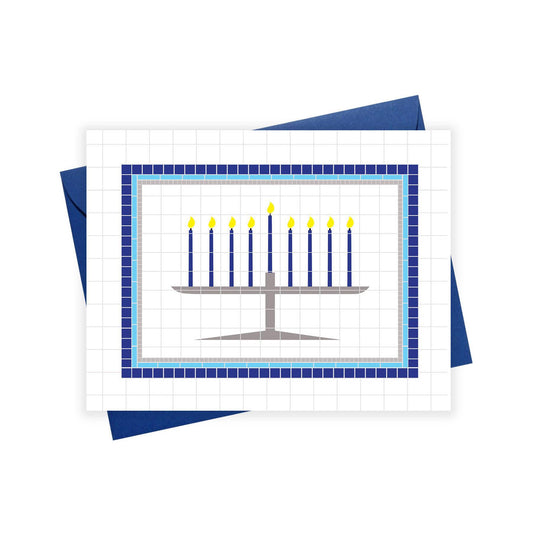 Subway Menorah Hanukkah Card Boxed Set by xou, 8 greeting cards blank interior, royal blue envelopes